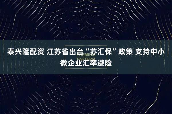 泰兴隆配资 江苏省出台“苏汇保”政策 支持中小微企业汇率避险